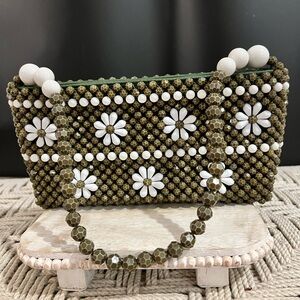 Brand New Olive Glass Beaded Floral Women's Bag Made in Taiwan